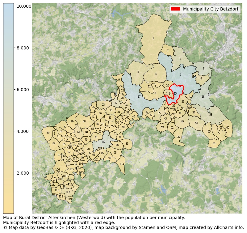 Map of Rural district Altenkirchen (Westerwald) with the population per municipality.Municipality Betzdorf is highlighted with a red edge.. This page shows a lot of information about residents (such as the distribution by age groups, family composition, gender, native or German with an immigration background, ...), homes (numbers, types, price development, use, type of property, ...) and more (car ownership, energy consumption, ...) based on open data from the German Federal Agency for Cartography, the Federal Statistical Office (DESTATIS), the Regional Statistical Offices and various other sources!