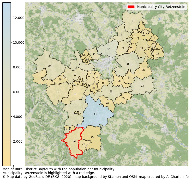 Map of Rural district Bayreuth with the population per municipality.Municipality Betzenstein is highlighted with a red edge.. This page shows a lot of information about residents (such as the distribution by age groups, family composition, gender, native or German with an immigration background, ...), homes (numbers, types, price development, use, type of property, ...) and more (car ownership, energy consumption, ...) based on open data from the German Federal Agency for Cartography, the Federal Statistical Office (DESTATIS), the Regional Statistical Offices and various other sources!