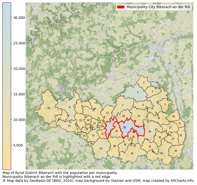 Map of Rural district Biberach with the population per municipality.Municipality Biberach an der Riß is highlighted with a red edge.. This page shows a lot of information about residents (such as the distribution by age groups, family composition, gender, native or German with an immigration background, ...), homes (numbers, types, price development, use, type of property, ...) and more (car ownership, energy consumption, ...) based on open data from the German Federal Agency for Cartography, the Federal Statistical Office (DESTATIS), the Regional Statistical Offices and various other sources!