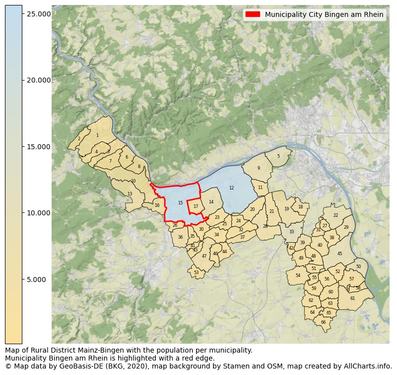 Map of Rural district Mainz-Bingen with the population per municipality.Municipality Bingen am Rhein is highlighted with a red edge.. This page shows a lot of information about residents (such as the distribution by age groups, family composition, gender, native or German with an immigration background, ...), homes (numbers, types, price development, use, type of property, ...) and more (car ownership, energy consumption, ...) based on open data from the German Federal Agency for Cartography, the Federal Statistical Office (DESTATIS), the Regional Statistical Offices and various other sources!