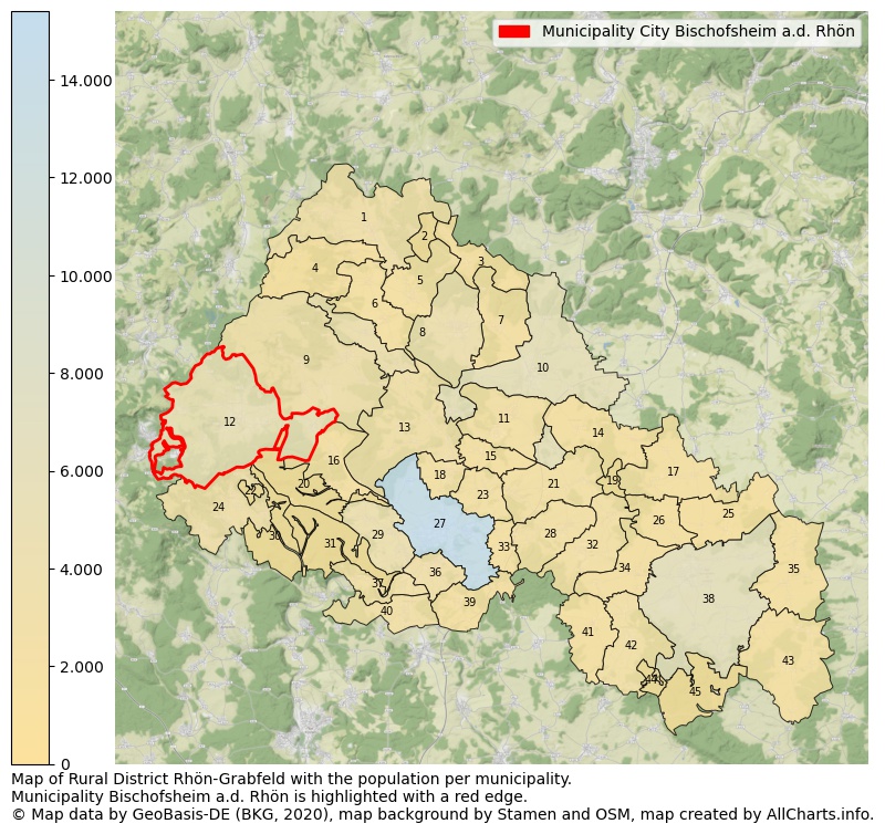 Map of Rural district Rhön-Grabfeld with the population per municipality.Municipality Bischofsheim a.d. Rhön is highlighted with a red edge.. This page shows a lot of information about residents (such as the distribution by age groups, family composition, gender, native or German with an immigration background, ...), homes (numbers, types, price development, use, type of property, ...) and more (car ownership, energy consumption, ...) based on open data from the German Federal Agency for Cartography, the Federal Statistical Office (DESTATIS), the Regional Statistical Offices and various other sources!