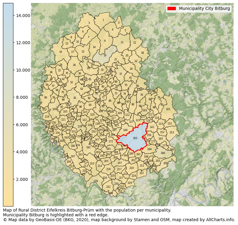 Map of Rural district Eifelkreis Bitburg-Prüm with the population per municipality.Municipality Bitburg is highlighted with a red edge.. This page shows a lot of information about residents (such as the distribution by age groups, family composition, gender, native or German with an immigration background, ...), homes (numbers, types, price development, use, type of property, ...) and more (car ownership, energy consumption, ...) based on open data from the German Federal Agency for Cartography, the Federal Statistical Office (DESTATIS), the Regional Statistical Offices and various other sources!