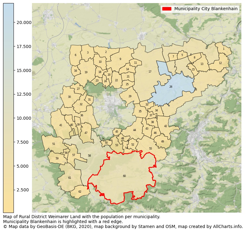 Map of Rural district Weimarer Land with the population per municipality.Municipality Blankenhain is highlighted with a red edge.. This page shows a lot of information about residents (such as the distribution by age groups, family composition, gender, native or German with an immigration background, ...), homes (numbers, types, price development, use, type of property, ...) and more (car ownership, energy consumption, ...) based on open data from the German Federal Agency for Cartography, the Federal Statistical Office (DESTATIS), the Regional Statistical Offices and various other sources!