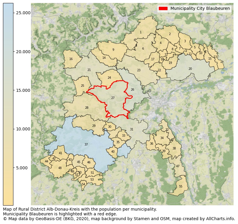 Map of Rural district Alb-Donau-Kreis with the population per municipality.Municipality Blaubeuren is highlighted with a red edge.. This page shows a lot of information about residents (such as the distribution by age groups, family composition, gender, native or German with an immigration background, ...), homes (numbers, types, price development, use, type of property, ...) and more (car ownership, energy consumption, ...) based on open data from the German Federal Agency for Cartography, the Federal Statistical Office (DESTATIS), the Regional Statistical Offices and various other sources!