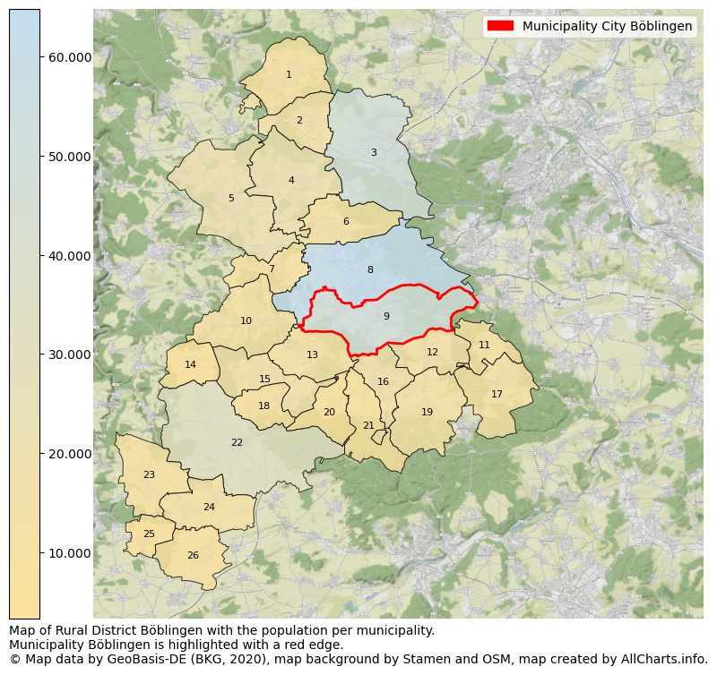 Map of Rural district Böblingen with the population per municipality.Municipality Böblingen is highlighted with a red edge.. This page shows a lot of information about residents (such as the distribution by age groups, family composition, gender, native or German with an immigration background, ...), homes (numbers, types, price development, use, type of property, ...) and more (car ownership, energy consumption, ...) based on open data from the German Federal Agency for Cartography, the Federal Statistical Office (DESTATIS), the Regional Statistical Offices and various other sources!