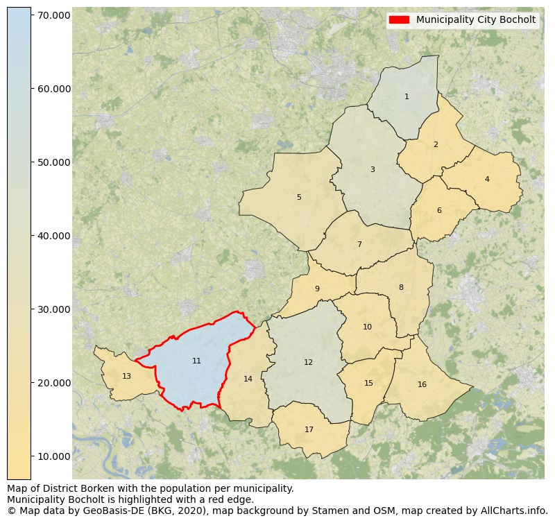 Map of District Borken with the population per municipality.Municipality Bocholt is highlighted with a red edge.. This page shows a lot of information about residents (such as the distribution by age groups, family composition, gender, native or German with an immigration background, ...), homes (numbers, types, price development, use, type of property, ...) and more (car ownership, energy consumption, ...) based on open data from the German Federal Agency for Cartography, the Federal Statistical Office (DESTATIS), the Regional Statistical Offices and various other sources!