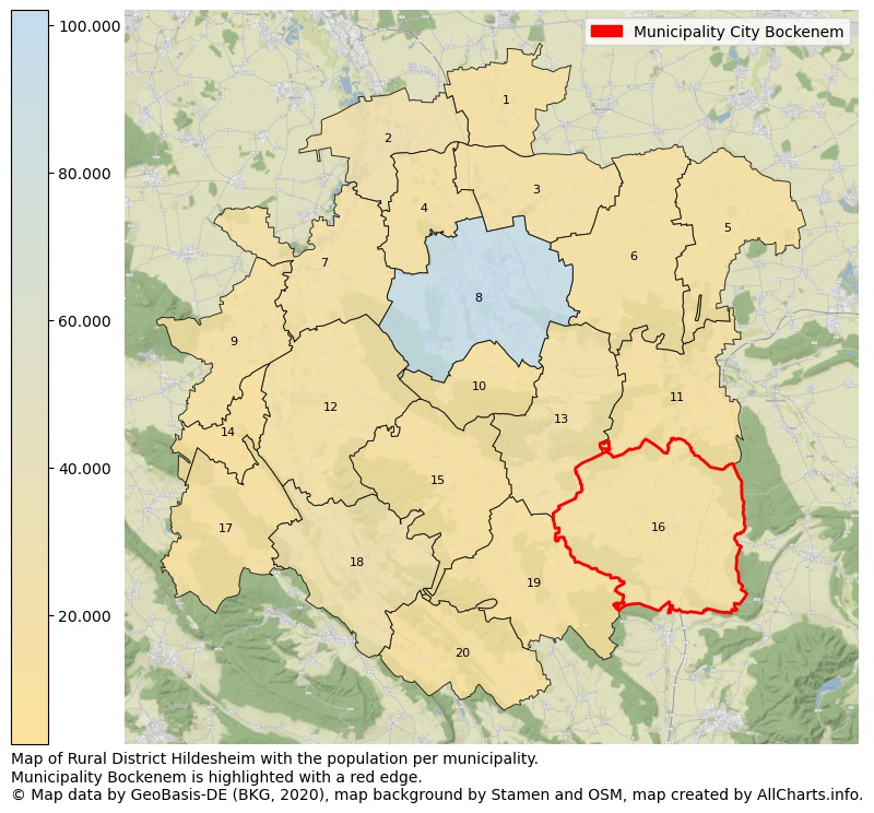 Map of Rural district Hildesheim with the population per municipality.Municipality Bockenem is highlighted with a red edge.. This page shows a lot of information about residents (such as the distribution by age groups, family composition, gender, native or German with an immigration background, ...), homes (numbers, types, price development, use, type of property, ...) and more (car ownership, energy consumption, ...) based on open data from the German Federal Agency for Cartography, the Federal Statistical Office (DESTATIS), the Regional Statistical Offices and various other sources!