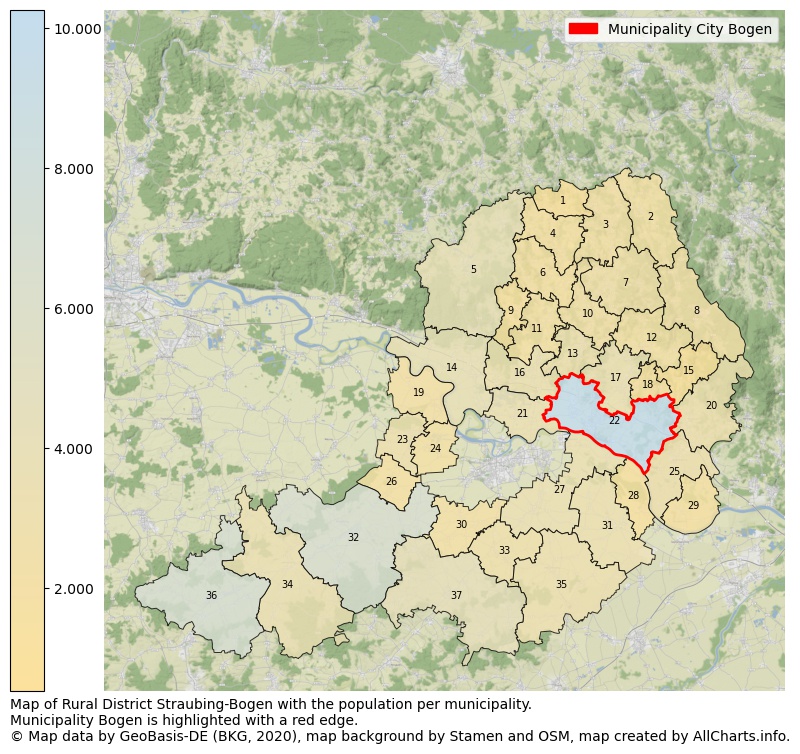 Map of Rural district Straubing-Bogen with the population per municipality.Municipality Bogen is highlighted with a red edge.. This page shows a lot of information about residents (such as the distribution by age groups, family composition, gender, native or German with an immigration background, ...), homes (numbers, types, price development, use, type of property, ...) and more (car ownership, energy consumption, ...) based on open data from the German Federal Agency for Cartography, the Federal Statistical Office (DESTATIS), the Regional Statistical Offices and various other sources!