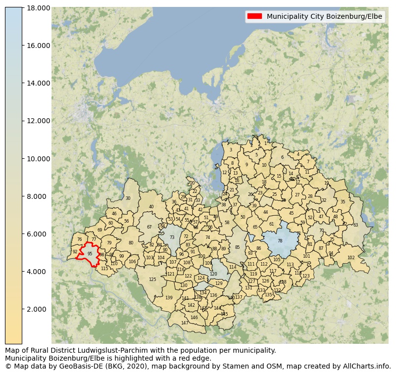 Map of Rural district Ludwigslust-Parchim with the population per municipality.Municipality Boizenburg/Elbe is highlighted with a red edge.. This page shows a lot of information about residents (such as the distribution by age groups, family composition, gender, native or German with an immigration background, ...), homes (numbers, types, price development, use, type of property, ...) and more (car ownership, energy consumption, ...) based on open data from the German Federal Agency for Cartography, the Federal Statistical Office (DESTATIS), the Regional Statistical Offices and various other sources!