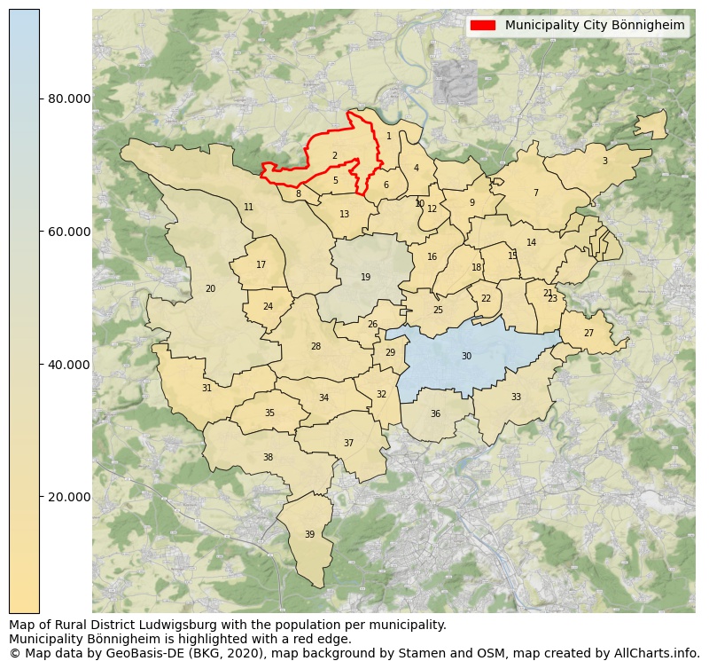 Map of Rural district Ludwigsburg with the population per municipality.Municipality Bönnigheim is highlighted with a red edge.. This page shows a lot of information about residents (such as the distribution by age groups, family composition, gender, native or German with an immigration background, ...), homes (numbers, types, price development, use, type of property, ...) and more (car ownership, energy consumption, ...) based on open data from the German Federal Agency for Cartography, the Federal Statistical Office (DESTATIS), the Regional Statistical Offices and various other sources!