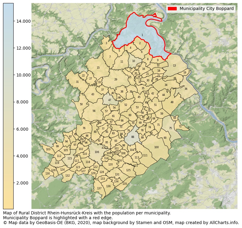 Map of Rural district Rhein-Hunsrück-Kreis with the population per municipality.Municipality Boppard is highlighted with a red edge.. This page shows a lot of information about residents (such as the distribution by age groups, family composition, gender, native or German with an immigration background, ...), homes (numbers, types, price development, use, type of property, ...) and more (car ownership, energy consumption, ...) based on open data from the German Federal Agency for Cartography, the Federal Statistical Office (DESTATIS), the Regional Statistical Offices and various other sources!