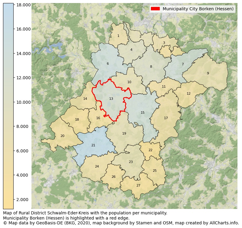 Map of Rural district Schwalm-Eder-Kreis with the population per municipality.Municipality Borken (Hessen) is highlighted with a red edge.. This page shows a lot of information about residents (such as the distribution by age groups, family composition, gender, native or German with an immigration background, ...), homes (numbers, types, price development, use, type of property, ...) and more (car ownership, energy consumption, ...) based on open data from the German Federal Agency for Cartography, the Federal Statistical Office (DESTATIS), the Regional Statistical Offices and various other sources!