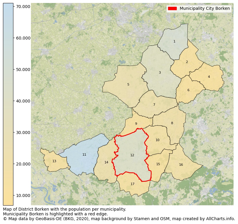 Map of District Borken with the population per municipality.Municipality Borken is highlighted with a red edge.. This page shows a lot of information about residents (such as the distribution by age groups, family composition, gender, native or German with an immigration background, ...), homes (numbers, types, price development, use, type of property, ...) and more (car ownership, energy consumption, ...) based on open data from the German Federal Agency for Cartography, the Federal Statistical Office (DESTATIS), the Regional Statistical Offices and various other sources!