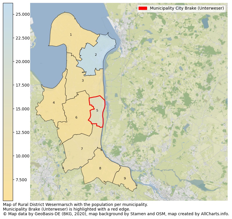 Map of Rural district Wesermarsch with the population per municipality.Municipality Brake (Unterweser) is highlighted with a red edge.. This page shows a lot of information about residents (such as the distribution by age groups, family composition, gender, native or German with an immigration background, ...), homes (numbers, types, price development, use, type of property, ...) and more (car ownership, energy consumption, ...) based on open data from the German Federal Agency for Cartography, the Federal Statistical Office (DESTATIS), the Regional Statistical Offices and various other sources!