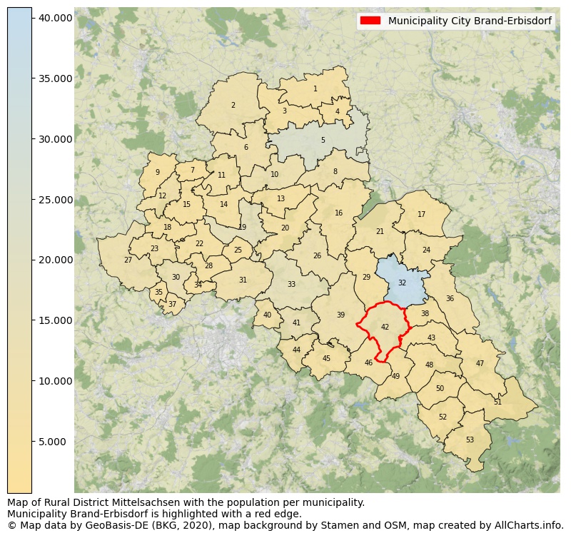 Map of Rural district Mittelsachsen with the population per municipality.Municipality Brand-Erbisdorf is highlighted with a red edge.. This page shows a lot of information about residents (such as the distribution by age groups, family composition, gender, native or German with an immigration background, ...), homes (numbers, types, price development, use, type of property, ...) and more (car ownership, energy consumption, ...) based on open data from the German Federal Agency for Cartography, the Federal Statistical Office (DESTATIS), the Regional Statistical Offices and various other sources!