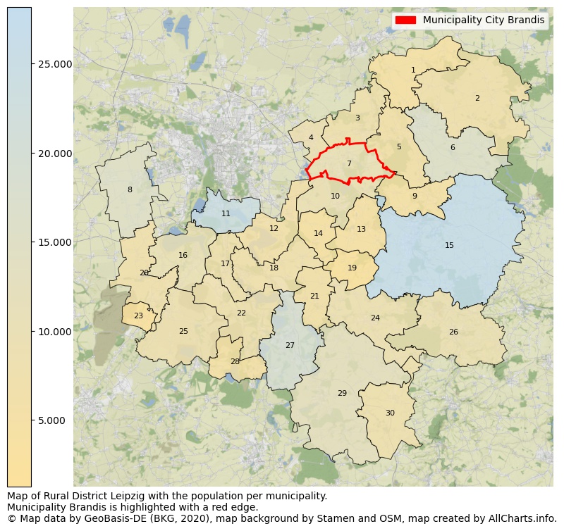 Map of Rural district Leipzig with the population per municipality.Municipality Brandis is highlighted with a red edge.. This page shows a lot of information about residents (such as the distribution by age groups, family composition, gender, native or German with an immigration background, ...), homes (numbers, types, price development, use, type of property, ...) and more (car ownership, energy consumption, ...) based on open data from the German Federal Agency for Cartography, the Federal Statistical Office (DESTATIS), the Regional Statistical Offices and various other sources!