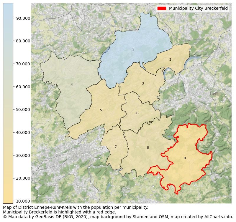 Map of District Ennepe-Ruhr-Kreis with the population per municipality.Municipality Breckerfeld is highlighted with a red edge.. This page shows a lot of information about residents (such as the distribution by age groups, family composition, gender, native or German with an immigration background, ...), homes (numbers, types, price development, use, type of property, ...) and more (car ownership, energy consumption, ...) based on open data from the German Federal Agency for Cartography, the Federal Statistical Office (DESTATIS), the Regional Statistical Offices and various other sources!