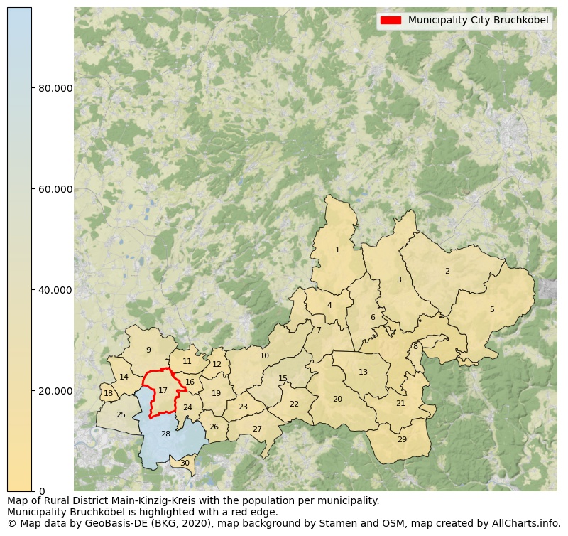 Map of Rural district Main-Kinzig-Kreis with the population per municipality.Municipality Bruchköbel is highlighted with a red edge.. This page shows a lot of information about residents (such as the distribution by age groups, family composition, gender, native or German with an immigration background, ...), homes (numbers, types, price development, use, type of property, ...) and more (car ownership, energy consumption, ...) based on open data from the German Federal Agency for Cartography, the Federal Statistical Office (DESTATIS), the Regional Statistical Offices and various other sources!