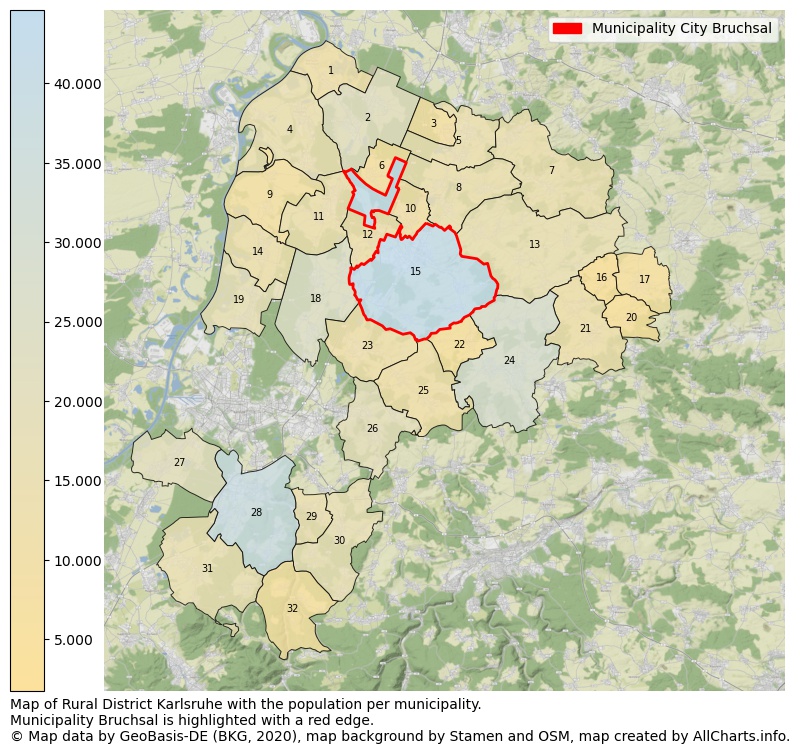 Map of Rural district Karlsruhe with the population per municipality.Municipality Bruchsal is highlighted with a red edge.. This page shows a lot of information about residents (such as the distribution by age groups, family composition, gender, native or German with an immigration background, ...), homes (numbers, types, price development, use, type of property, ...) and more (car ownership, energy consumption, ...) based on open data from the German Federal Agency for Cartography, the Federal Statistical Office (DESTATIS), the Regional Statistical Offices and various other sources!
