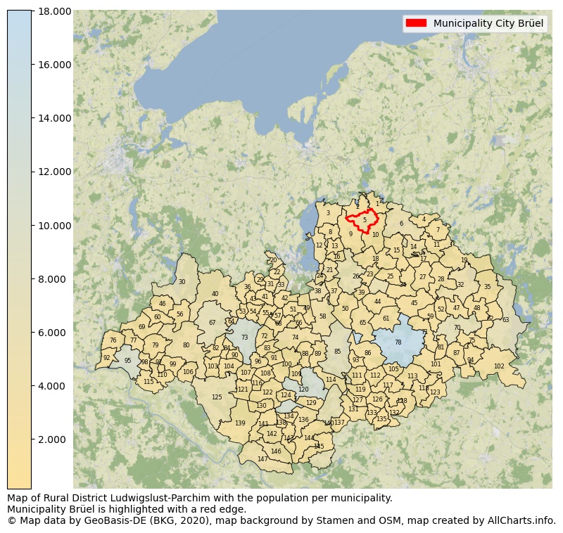 Map of Rural district Ludwigslust-Parchim with the population per municipality.Municipality Brüel is highlighted with a red edge.. This page shows a lot of information about residents (such as the distribution by age groups, family composition, gender, native or German with an immigration background, ...), homes (numbers, types, price development, use, type of property, ...) and more (car ownership, energy consumption, ...) based on open data from the German Federal Agency for Cartography, the Federal Statistical Office (DESTATIS), the Regional Statistical Offices and various other sources!