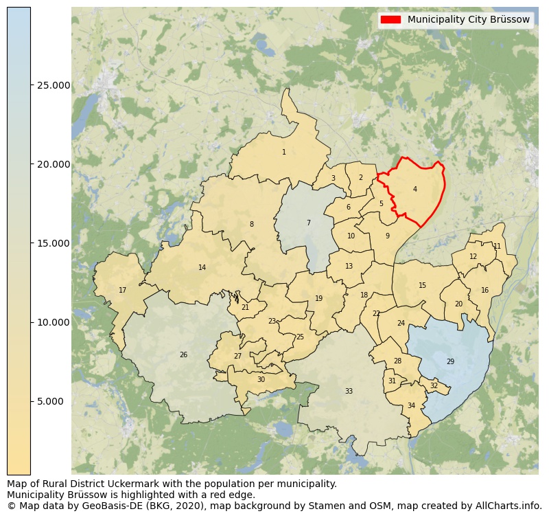 Map of Rural district Uckermark with the population per municipality.Municipality Brüssow is highlighted with a red edge.. This page shows a lot of information about residents (such as the distribution by age groups, family composition, gender, native or German with an immigration background, ...), homes (numbers, types, price development, use, type of property, ...) and more (car ownership, energy consumption, ...) based on open data from the German Federal Agency for Cartography, the Federal Statistical Office (DESTATIS), the Regional Statistical Offices and various other sources!