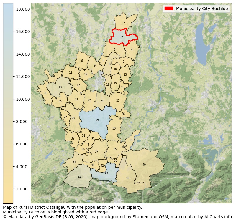 Map of Rural district Ostallgäu with the population per municipality.Municipality Buchloe is highlighted with a red edge.. This page shows a lot of information about residents (such as the distribution by age groups, family composition, gender, native or German with an immigration background, ...), homes (numbers, types, price development, use, type of property, ...) and more (car ownership, energy consumption, ...) based on open data from the German Federal Agency for Cartography, the Federal Statistical Office (DESTATIS), the Regional Statistical Offices and various other sources!