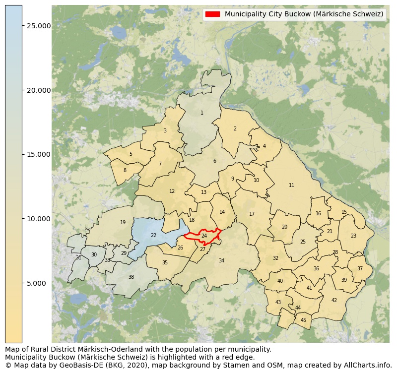 Map of Rural district Märkisch-Oderland with the population per municipality.Municipality Buckow (Märkische Schweiz) is highlighted with a red edge.. This page shows a lot of information about residents (such as the distribution by age groups, family composition, gender, native or German with an immigration background, ...), homes (numbers, types, price development, use, type of property, ...) and more (car ownership, energy consumption, ...) based on open data from the German Federal Agency for Cartography, the Federal Statistical Office (DESTATIS), the Regional Statistical Offices and various other sources!