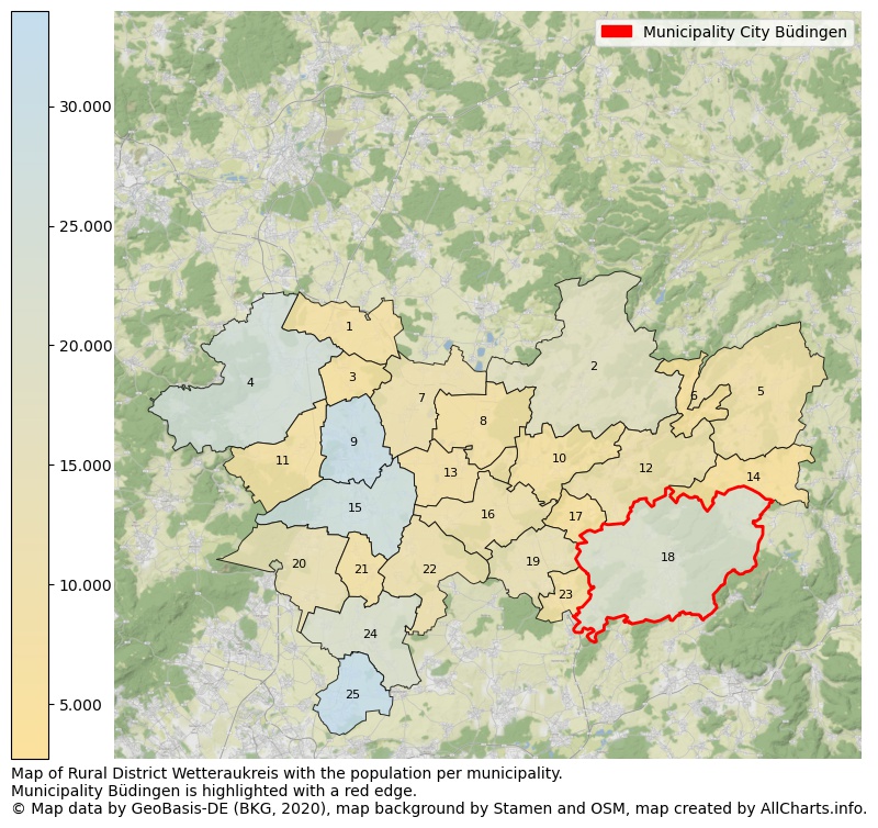 Map of Rural district Wetteraukreis with the population per municipality.Municipality Büdingen is highlighted with a red edge.. This page shows a lot of information about residents (such as the distribution by age groups, family composition, gender, native or German with an immigration background, ...), homes (numbers, types, price development, use, type of property, ...) and more (car ownership, energy consumption, ...) based on open data from the German Federal Agency for Cartography, the Federal Statistical Office (DESTATIS), the Regional Statistical Offices and various other sources!