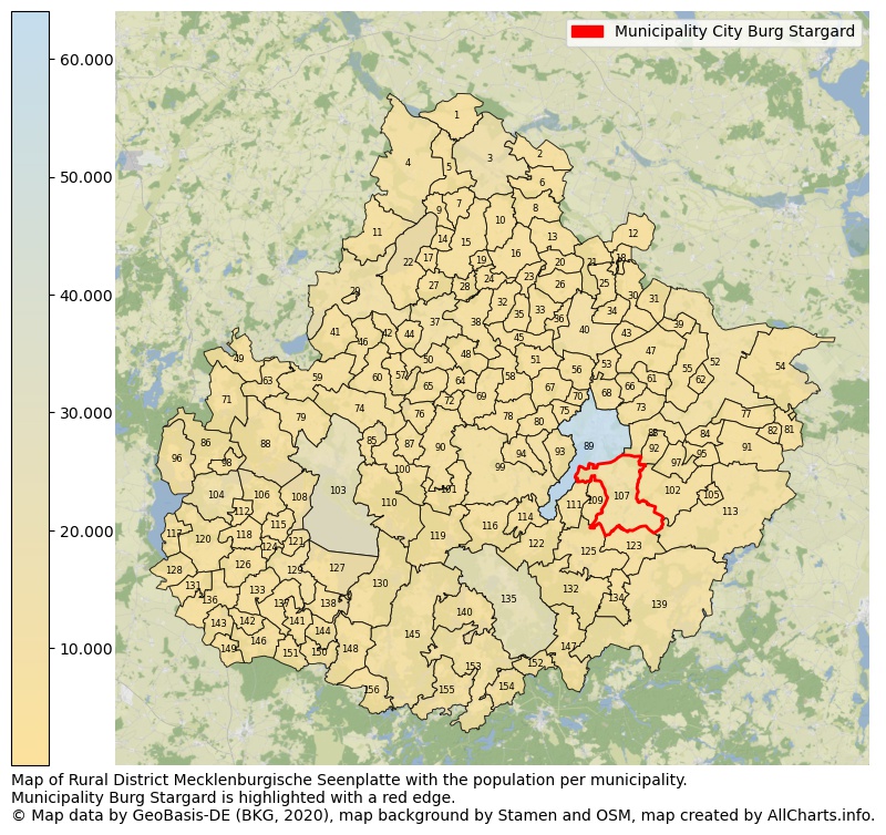 Map of Rural district Mecklenburgische Seenplatte with the population per municipality.Municipality Burg Stargard is highlighted with a red edge.. This page shows a lot of information about residents (such as the distribution by age groups, family composition, gender, native or German with an immigration background, ...), homes (numbers, types, price development, use, type of property, ...) and more (car ownership, energy consumption, ...) based on open data from the German Federal Agency for Cartography, the Federal Statistical Office (DESTATIS), the Regional Statistical Offices and various other sources!