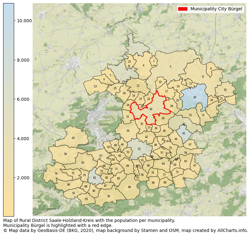 Map of Rural district Saale-Holzland-Kreis with the population per municipality.Municipality Bürgel is highlighted with a red edge.. This page shows a lot of information about residents (such as the distribution by age groups, family composition, gender, native or German with an immigration background, ...), homes (numbers, types, price development, use, type of property, ...) and more (car ownership, energy consumption, ...) based on open data from the German Federal Agency for Cartography, the Federal Statistical Office (DESTATIS), the Regional Statistical Offices and various other sources!