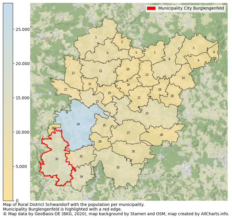 Map of Rural district Schwandorf with the population per municipality.Municipality Burglengenfeld is highlighted with a red edge.. This page shows a lot of information about residents (such as the distribution by age groups, family composition, gender, native or German with an immigration background, ...), homes (numbers, types, price development, use, type of property, ...) and more (car ownership, energy consumption, ...) based on open data from the German Federal Agency for Cartography, the Federal Statistical Office (DESTATIS), the Regional Statistical Offices and various other sources!