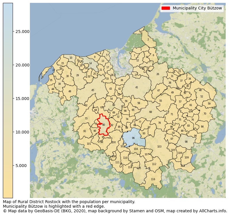 Map of Rural district Rostock with the population per municipality.Municipality Bützow is highlighted with a red edge.. This page shows a lot of information about residents (such as the distribution by age groups, family composition, gender, native or German with an immigration background, ...), homes (numbers, types, price development, use, type of property, ...) and more (car ownership, energy consumption, ...) based on open data from the German Federal Agency for Cartography, the Federal Statistical Office (DESTATIS), the Regional Statistical Offices and various other sources!