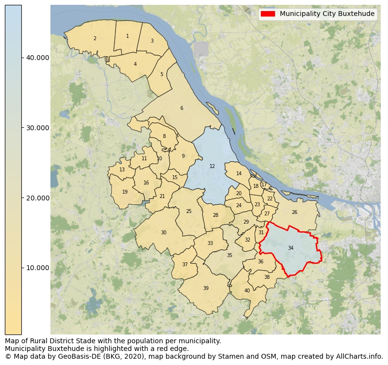 Map of Rural district Stade with the population per municipality.Municipality Buxtehude is highlighted with a red edge.. This page shows a lot of information about residents (such as the distribution by age groups, family composition, gender, native or German with an immigration background, ...), homes (numbers, types, price development, use, type of property, ...) and more (car ownership, energy consumption, ...) based on open data from the German Federal Agency for Cartography, the Federal Statistical Office (DESTATIS), the Regional Statistical Offices and various other sources!