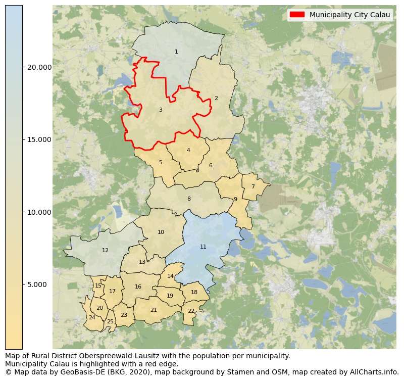 Map of Rural district Oberspreewald-Lausitz with the population per municipality.Municipality Calau is highlighted with a red edge.. This page shows a lot of information about residents (such as the distribution by age groups, family composition, gender, native or German with an immigration background, ...), homes (numbers, types, price development, use, type of property, ...) and more (car ownership, energy consumption, ...) based on open data from the German Federal Agency for Cartography, the Federal Statistical Office (DESTATIS), the Regional Statistical Offices and various other sources!