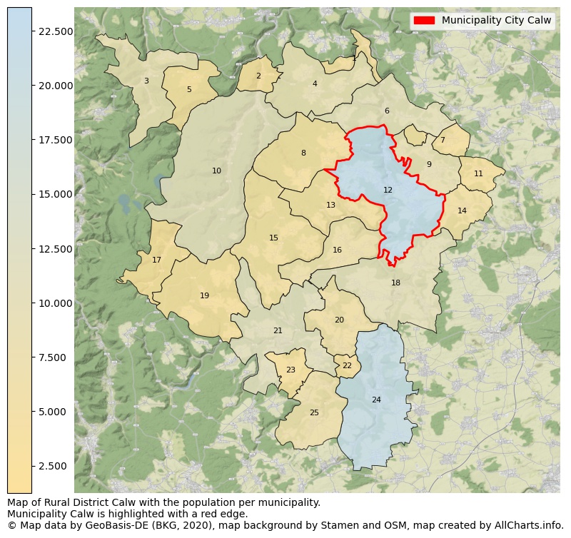 Map of Rural district Calw with the population per municipality.Municipality Calw is highlighted with a red edge.. This page shows a lot of information about residents (such as the distribution by age groups, family composition, gender, native or German with an immigration background, ...), homes (numbers, types, price development, use, type of property, ...) and more (car ownership, energy consumption, ...) based on open data from the German Federal Agency for Cartography, the Federal Statistical Office (DESTATIS), the Regional Statistical Offices and various other sources!