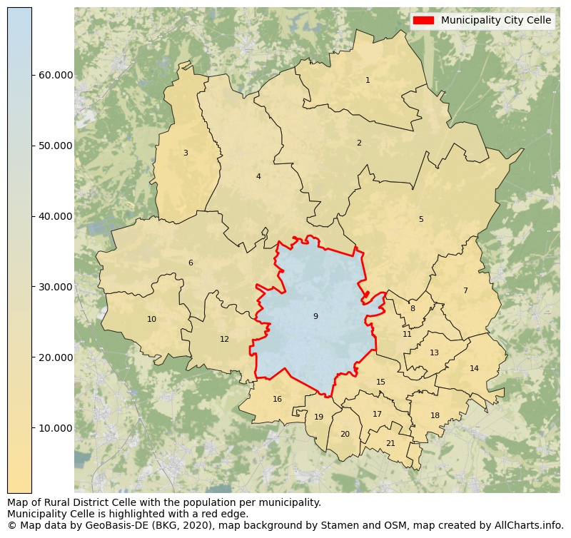 Map of Rural district Celle with the population per municipality.Municipality Celle is highlighted with a red edge.. This page shows a lot of information about residents (such as the distribution by age groups, family composition, gender, native or German with an immigration background, ...), homes (numbers, types, price development, use, type of property, ...) and more (car ownership, energy consumption, ...) based on open data from the German Federal Agency for Cartography, the Federal Statistical Office (DESTATIS), the Regional Statistical Offices and various other sources!