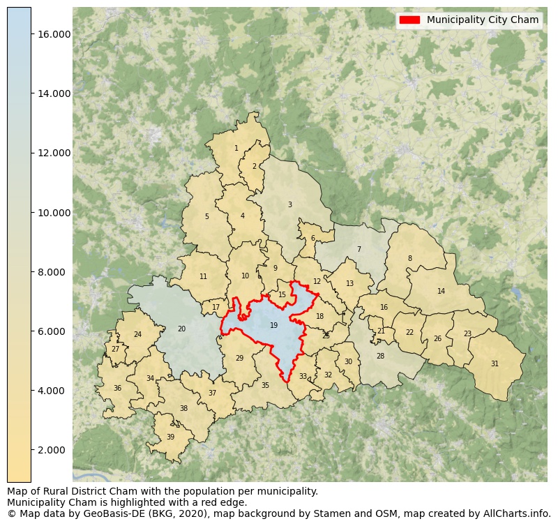 Map of Rural district Cham with the population per municipality.Municipality Cham is highlighted with a red edge.. This page shows a lot of information about residents (such as the distribution by age groups, family composition, gender, native or German with an immigration background, ...), homes (numbers, types, price development, use, type of property, ...) and more (car ownership, energy consumption, ...) based on open data from the German Federal Agency for Cartography, the Federal Statistical Office (DESTATIS), the Regional Statistical Offices and various other sources!