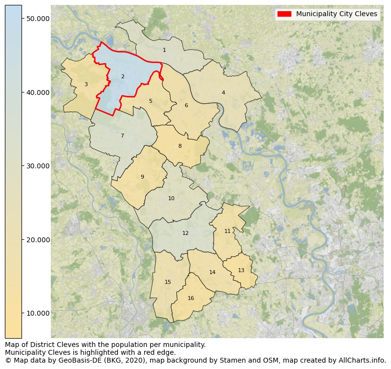 Map of District Cleves with the population per municipality.Municipality Cleves is highlighted with a red edge.. This page shows a lot of information about residents (such as the distribution by age groups, family composition, gender, native or German with an immigration background, ...), homes (numbers, types, price development, use, type of property, ...) and more (car ownership, energy consumption, ...) based on open data from the German Federal Agency for Cartography, the Federal Statistical Office (DESTATIS), the Regional Statistical Offices and various other sources!