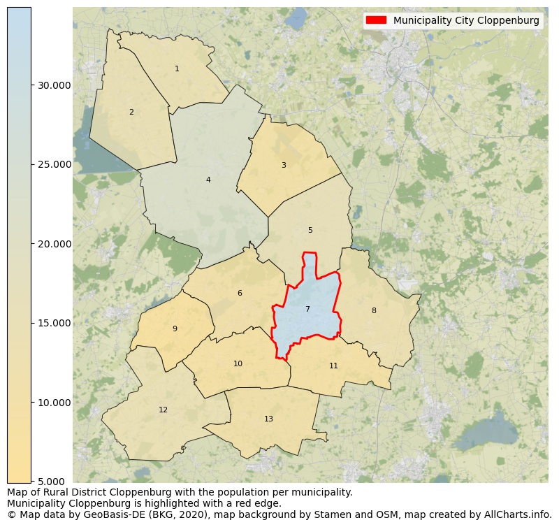Map of Rural district Cloppenburg with the population per municipality.Municipality Cloppenburg is highlighted with a red edge.. This page shows a lot of information about residents (such as the distribution by age groups, family composition, gender, native or German with an immigration background, ...), homes (numbers, types, price development, use, type of property, ...) and more (car ownership, energy consumption, ...) based on open data from the German Federal Agency for Cartography, the Federal Statistical Office (DESTATIS), the Regional Statistical Offices and various other sources!