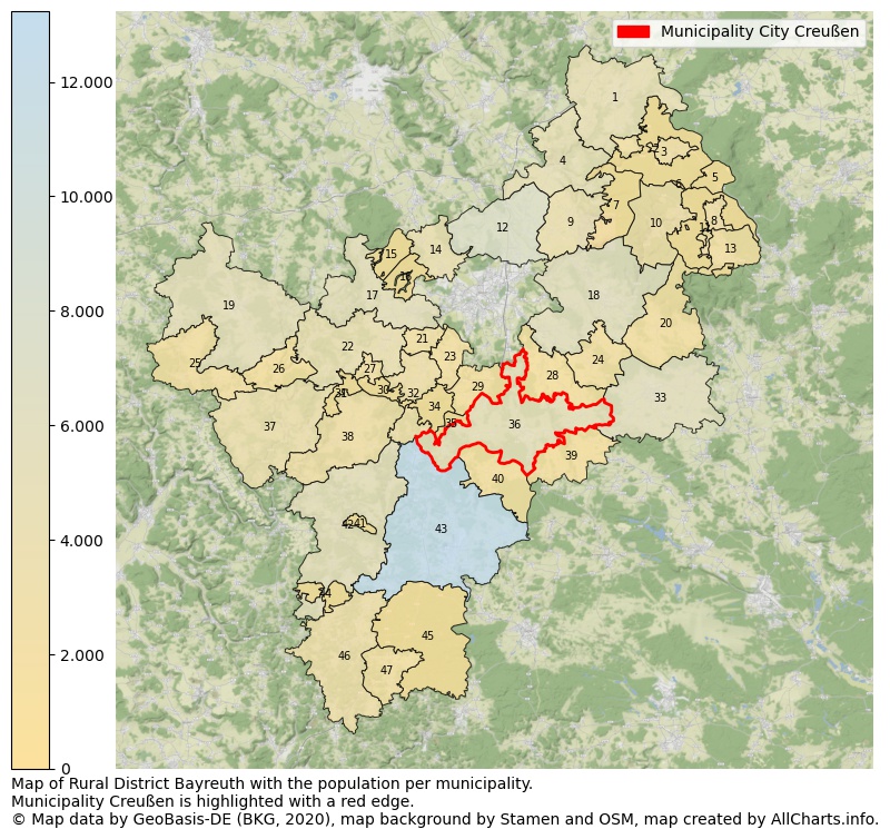 Map of Rural district Bayreuth with the population per municipality.Municipality Creußen is highlighted with a red edge.. This page shows a lot of information about residents (such as the distribution by age groups, family composition, gender, native or German with an immigration background, ...), homes (numbers, types, price development, use, type of property, ...) and more (car ownership, energy consumption, ...) based on open data from the German Federal Agency for Cartography, the Federal Statistical Office (DESTATIS), the Regional Statistical Offices and various other sources!