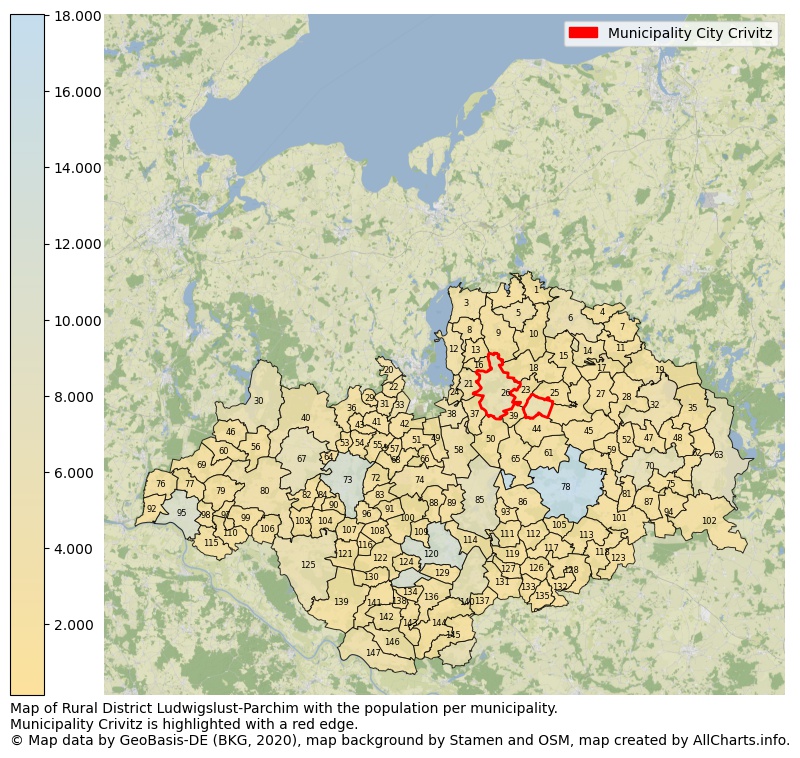 Map of Rural district Ludwigslust-Parchim with the population per municipality.Municipality Crivitz is highlighted with a red edge.. This page shows a lot of information about residents (such as the distribution by age groups, family composition, gender, native or German with an immigration background, ...), homes (numbers, types, price development, use, type of property, ...) and more (car ownership, energy consumption, ...) based on open data from the German Federal Agency for Cartography, the Federal Statistical Office (DESTATIS), the Regional Statistical Offices and various other sources!