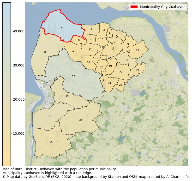 Map of Rural district Cuxhaven with the population per municipality.Municipality Cuxhaven is highlighted with a red edge.. This page shows a lot of information about residents (such as the distribution by age groups, family composition, gender, native or German with an immigration background, ...), homes (numbers, types, price development, use, type of property, ...) and more (car ownership, energy consumption, ...) based on open data from the German Federal Agency for Cartography, the Federal Statistical Office (DESTATIS), the Regional Statistical Offices and various other sources!