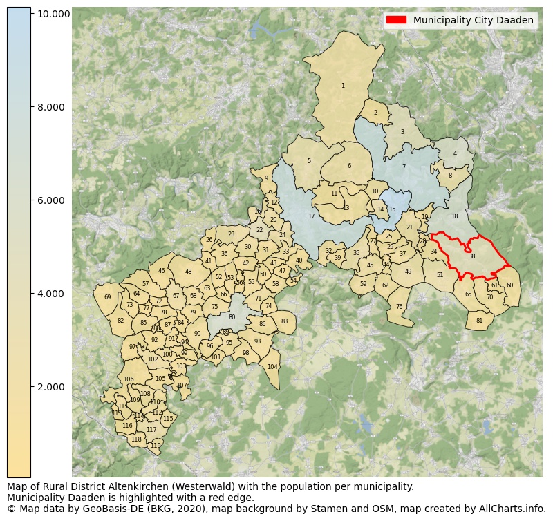 Map of Rural district Altenkirchen (Westerwald) with the population per municipality.Municipality Daaden is highlighted with a red edge.. This page shows a lot of information about residents (such as the distribution by age groups, family composition, gender, native or German with an immigration background, ...), homes (numbers, types, price development, use, type of property, ...) and more (car ownership, energy consumption, ...) based on open data from the German Federal Agency for Cartography, the Federal Statistical Office (DESTATIS), the Regional Statistical Offices and various other sources!