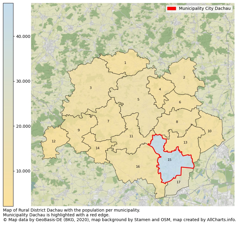 Map of Rural district Dachau with the population per municipality.Municipality Dachau is highlighted with a red edge.. This page shows a lot of information about residents (such as the distribution by age groups, family composition, gender, native or German with an immigration background, ...), homes (numbers, types, price development, use, type of property, ...) and more (car ownership, energy consumption, ...) based on open data from the German Federal Agency for Cartography, the Federal Statistical Office (DESTATIS), the Regional Statistical Offices and various other sources!