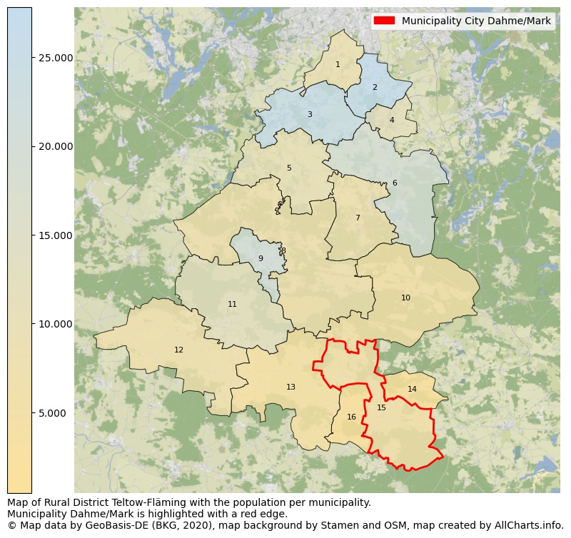 Map of Rural district Teltow-Fläming with the population per municipality.Municipality Dahme/Mark is highlighted with a red edge.. This page shows a lot of information about residents (such as the distribution by age groups, family composition, gender, native or German with an immigration background, ...), homes (numbers, types, price development, use, type of property, ...) and more (car ownership, energy consumption, ...) based on open data from the German Federal Agency for Cartography, the Federal Statistical Office (DESTATIS), the Regional Statistical Offices and various other sources!