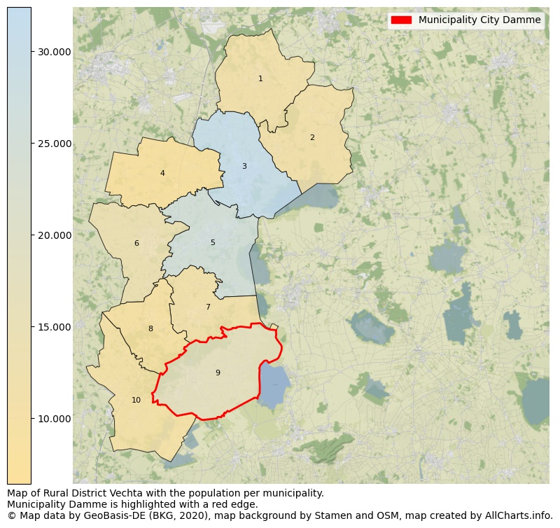 Map of Rural district Vechta with the population per municipality.Municipality Damme is highlighted with a red edge.. This page shows a lot of information about residents (such as the distribution by age groups, family composition, gender, native or German with an immigration background, ...), homes (numbers, types, price development, use, type of property, ...) and more (car ownership, energy consumption, ...) based on open data from the German Federal Agency for Cartography, the Federal Statistical Office (DESTATIS), the Regional Statistical Offices and various other sources!