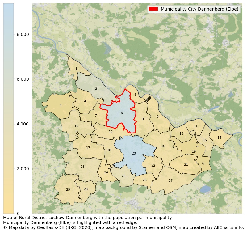 Map of Rural district Lüchow-Dannenberg with the population per municipality.Municipality Dannenberg (Elbe) is highlighted with a red edge.. This page shows a lot of information about residents (such as the distribution by age groups, family composition, gender, native or German with an immigration background, ...), homes (numbers, types, price development, use, type of property, ...) and more (car ownership, energy consumption, ...) based on open data from the German Federal Agency for Cartography, the Federal Statistical Office (DESTATIS), the Regional Statistical Offices and various other sources!