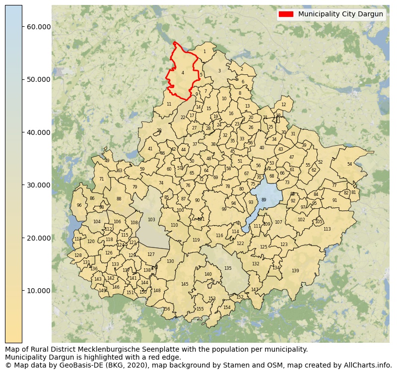 Map of Rural district Mecklenburgische Seenplatte with the population per municipality.Municipality Dargun is highlighted with a red edge.. This page shows a lot of information about residents (such as the distribution by age groups, family composition, gender, native or German with an immigration background, ...), homes (numbers, types, price development, use, type of property, ...) and more (car ownership, energy consumption, ...) based on open data from the German Federal Agency for Cartography, the Federal Statistical Office (DESTATIS), the Regional Statistical Offices and various other sources!