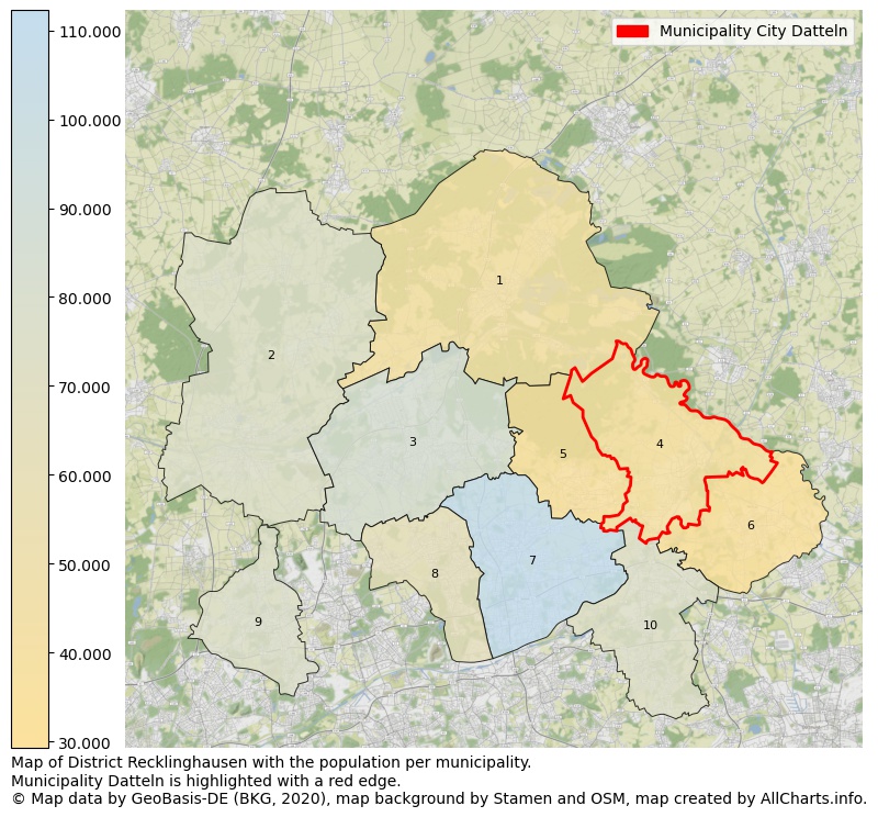 Map of District Recklinghausen with the population per municipality.Municipality Datteln is highlighted with a red edge.. This page shows a lot of information about residents (such as the distribution by age groups, family composition, gender, native or German with an immigration background, ...), homes (numbers, types, price development, use, type of property, ...) and more (car ownership, energy consumption, ...) based on open data from the German Federal Agency for Cartography, the Federal Statistical Office (DESTATIS), the Regional Statistical Offices and various other sources!