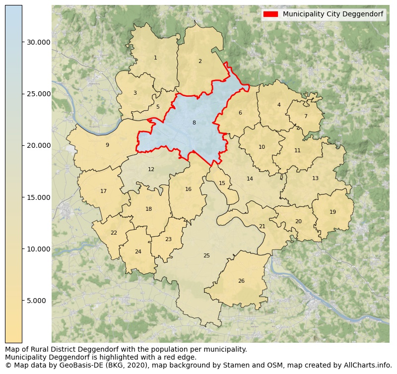 Map of Rural district Deggendorf with the population per municipality.Municipality Deggendorf is highlighted with a red edge.. This page shows a lot of information about residents (such as the distribution by age groups, family composition, gender, native or German with an immigration background, ...), homes (numbers, types, price development, use, type of property, ...) and more (car ownership, energy consumption, ...) based on open data from the German Federal Agency for Cartography, the Federal Statistical Office (DESTATIS), the Regional Statistical Offices and various other sources!